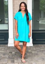 Bobi Short Sleeve Split Neck Shirtdress - Turquoise-Hand In Pocket
