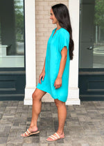 Bobi Short Sleeve Split Neck Shirtdress - Turquoise-Hand In Pocket