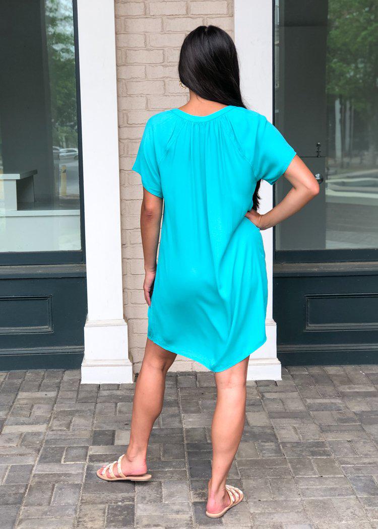 Bobi Short Sleeve Split Neck Shirtdress - Turquoise-Hand In Pocket