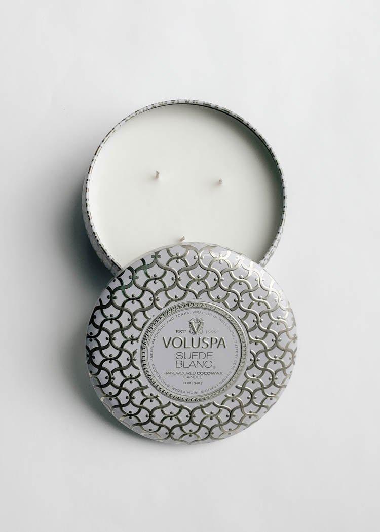 Voluspa 3 Wick Tin Candle - Suede Blanc-Hand In Pocket