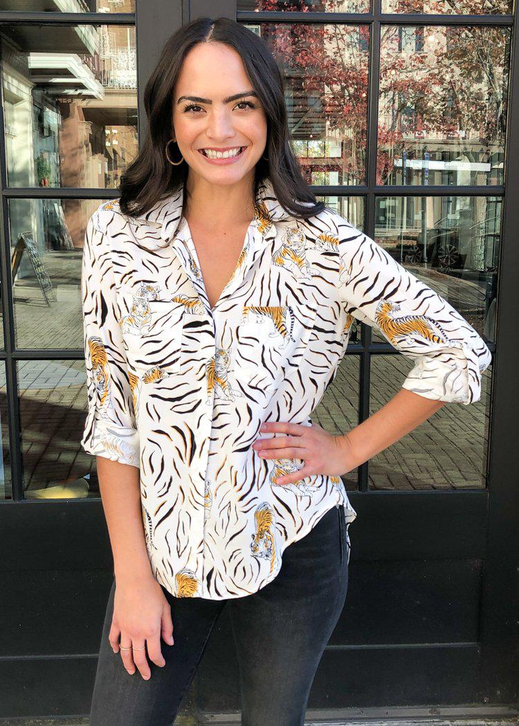 Velvet Heart Riley Button Down Top -Tiger Stripe-Hand In Pocket