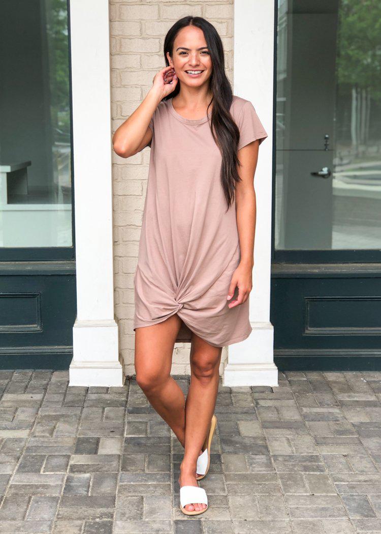 Bobi Knot Front Scoop Neck Tee Dress-Hand In Pocket