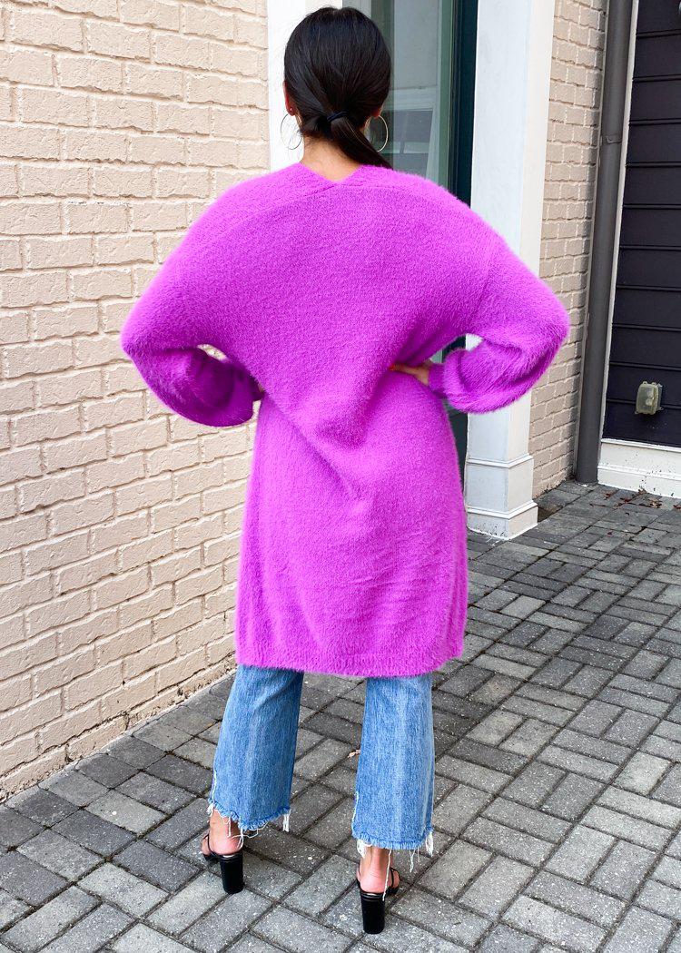 Nicola Longline Fuzzy Cardigan-Magenta-Hand In Pocket