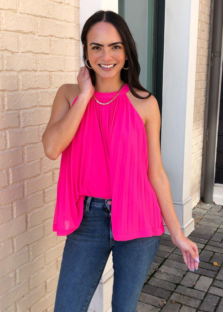 THML Mendoza Pleated Sleeveless Halter Top - Hot Pink-Hand In Pocket