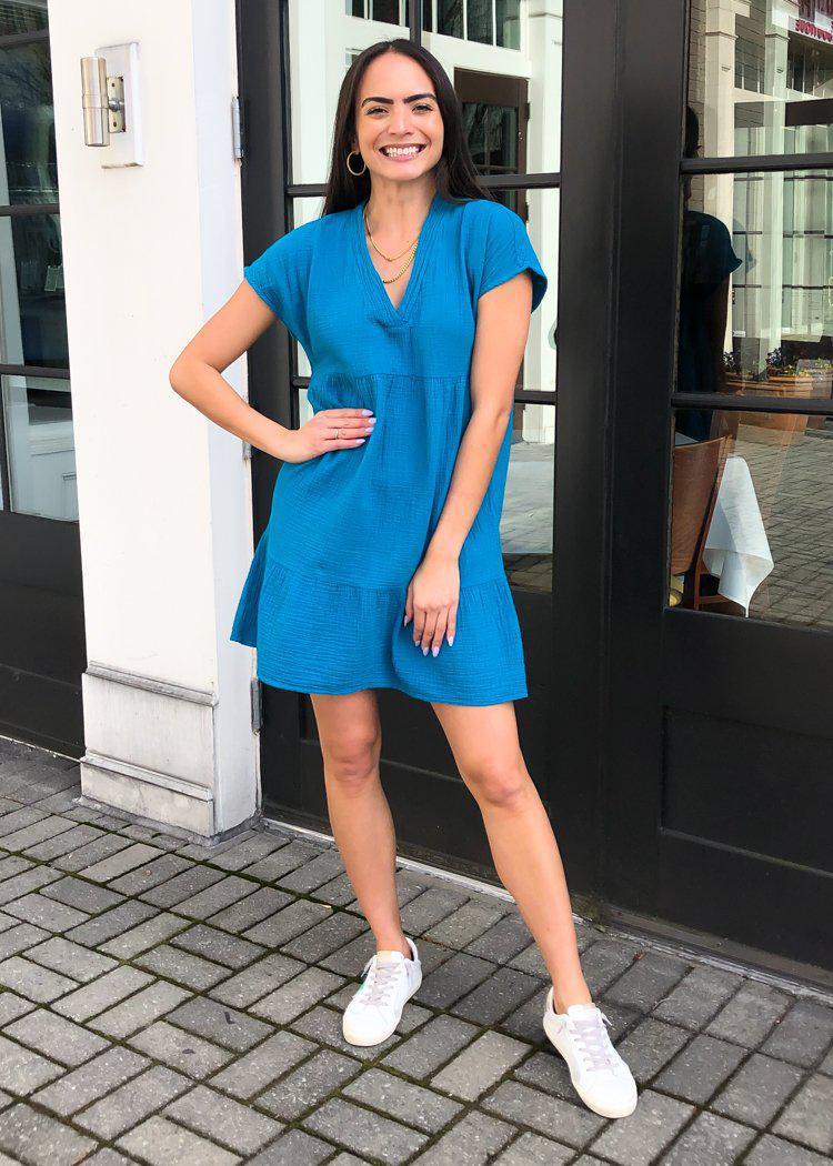 Bobi V-neck Short Sleeve Tiered Mini Dress - Tide-Hand In Pocket