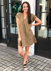 Bobi V-neck Short Sleeve Tiered Mini Dress - Grenade-Hand In Pocket