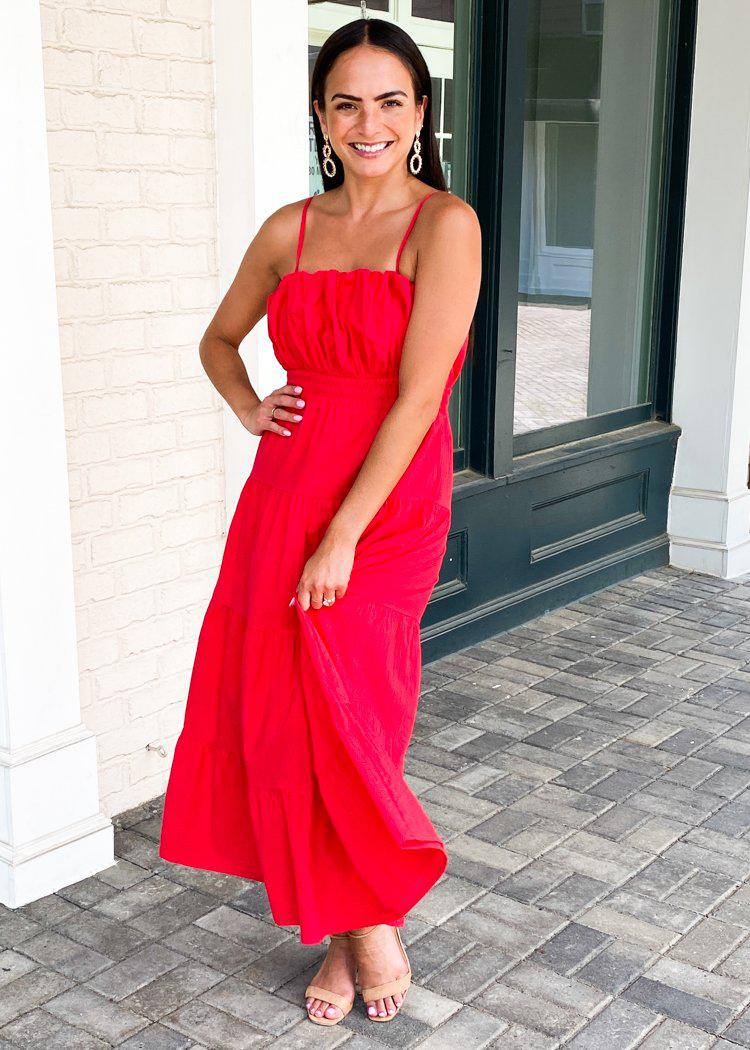 Sanur Pleated Cami Maxi Dress-Red-Hand In Pocket