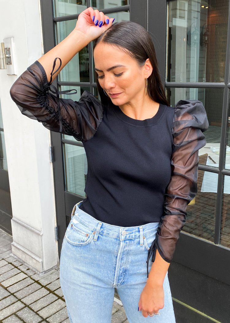 Felipe Crew Neck Sheer Puff Sleeve Top-Hand In Pocket