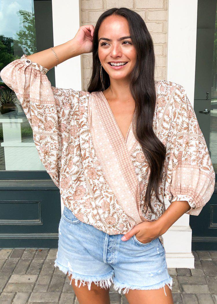 Laurel Canyon Faux Wrap Billow Sleeve Blouse - Blush Floral-Hand In Pocket