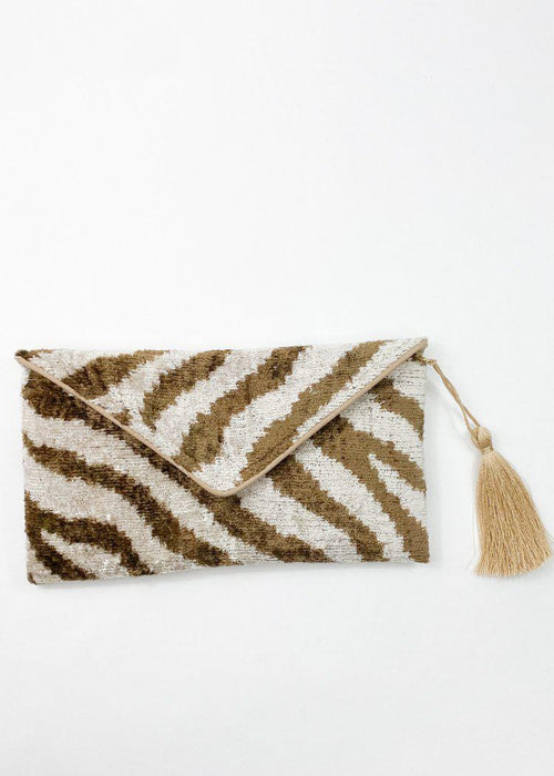 Wolf & Willa Brown Tiger Envelope Silk Velvet Clutch-Hand In Pocket