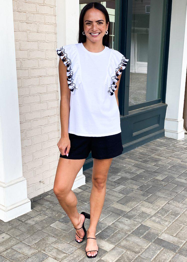 Celeste Ruffle Sleeve Tassel Detail Top - White-Hand In Pocket