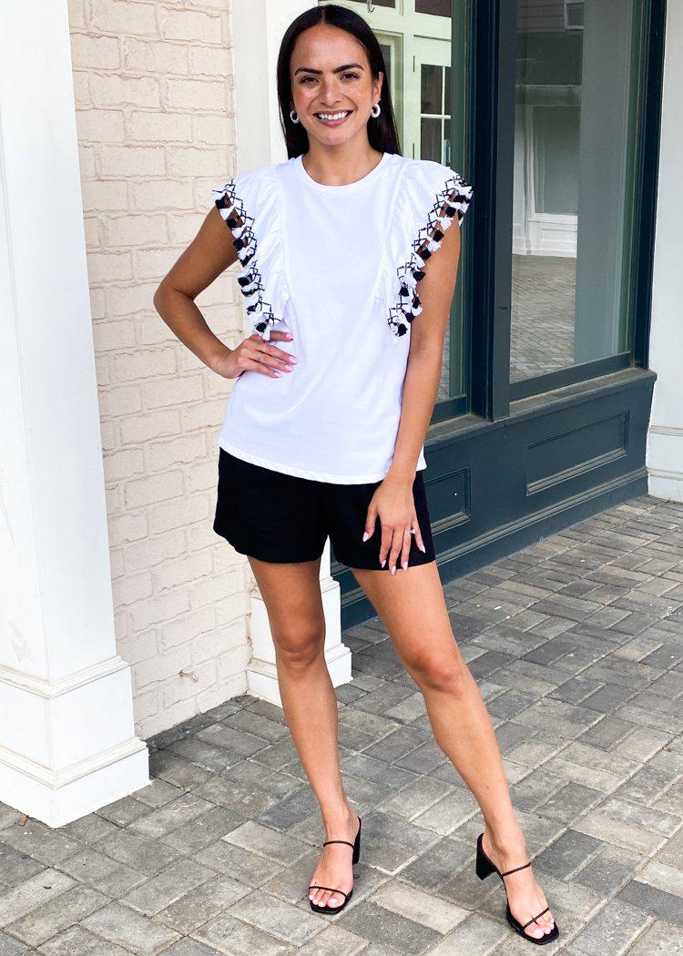 Celeste Ruffle Sleeve Tassel Detail Top - White-Hand In Pocket