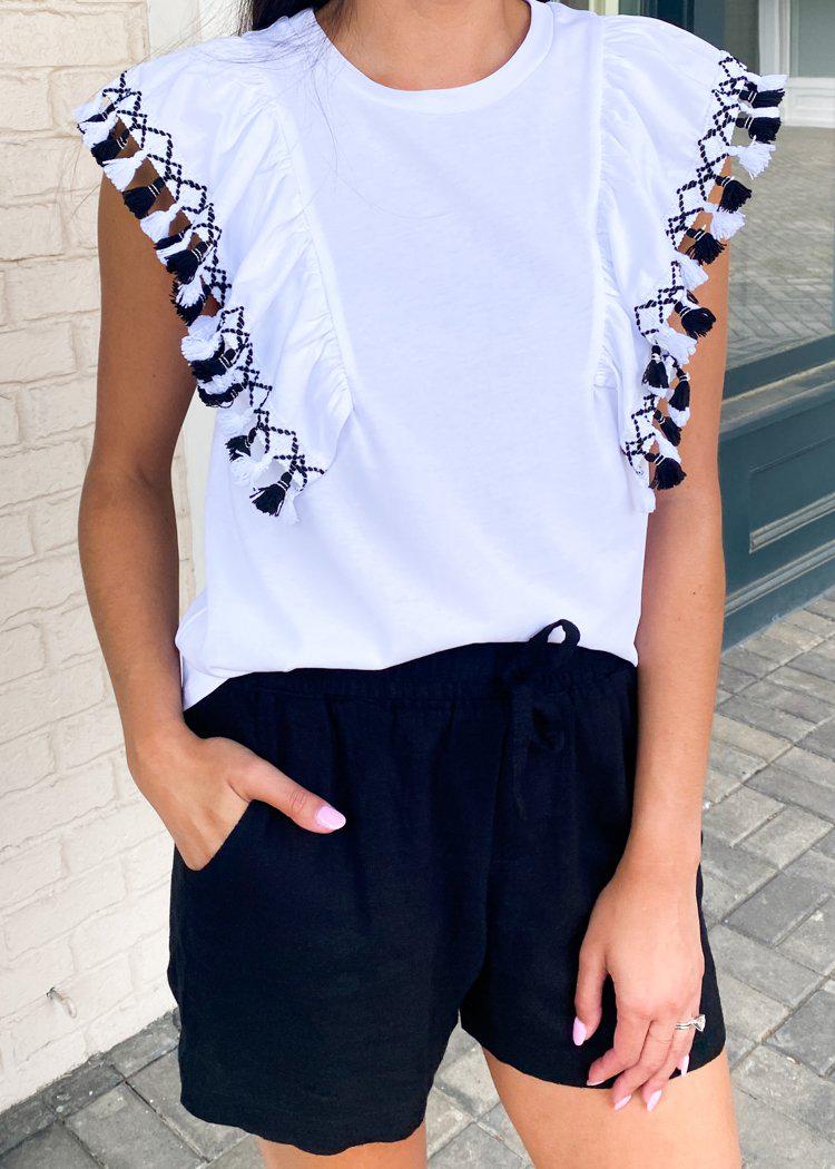 Celeste Ruffle Sleeve Tassel Detail Top - White-Hand In Pocket