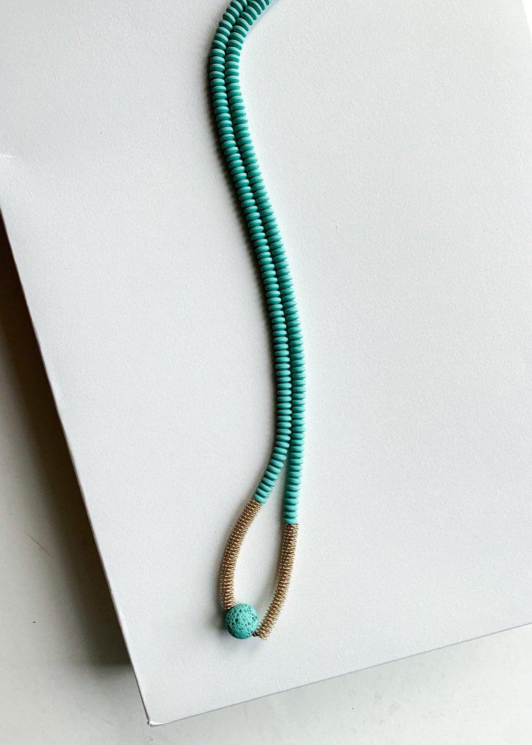 Chiclet Detailed Turquoise Beaded Long Pendant-Hand In Pocket