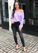 Line + Dot Favorite Off Shoulder Sweater- Lilac-Hand In Pocket