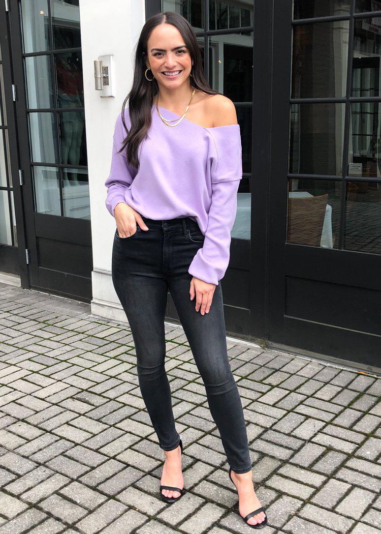 Line + Dot Favorite Off Shoulder Sweater- Lilac-Hand In Pocket