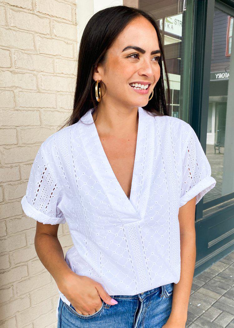 Karlie "Oleta" V Neck Eyelet Blouse-***FINAL SALE***-Hand In Pocket