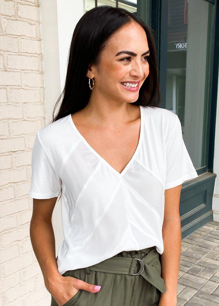 Hudson Mixed Media V Neck Tee-Off White-***FINAL SALE***-Hand In Pocket