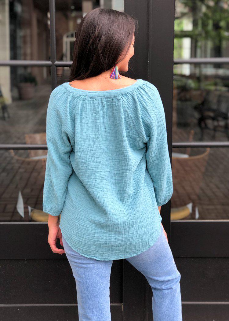 Bobi Gauzy Split Neck Blouse-Surf ***FINAL SALE***-Hand In Pocket