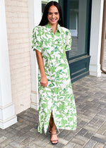 Palawan Tropical Print Button Front Collard Shirt Dress-Green-Hand In Pocket