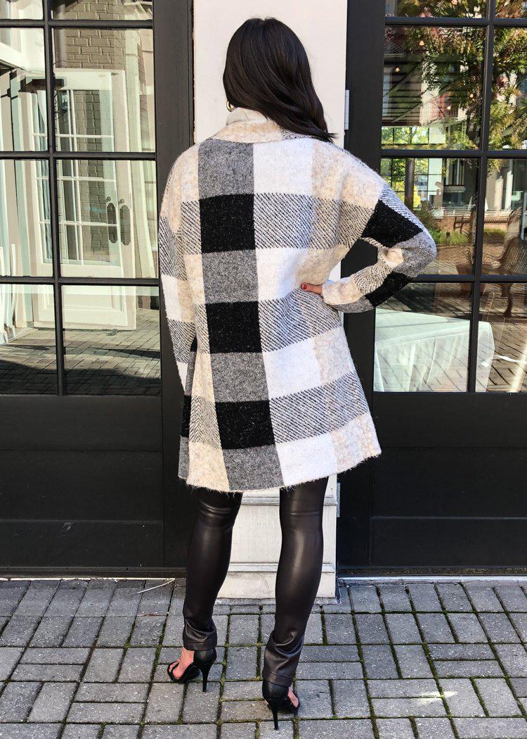 RD Style Cara Modern Plaid Longline Cardigan-Hand In Pocket