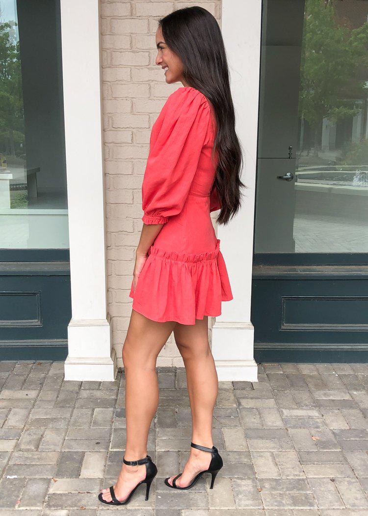 Karlie Ramie Faux Wrap Mini Dress-Red ***FINAL SALE***-Hand In Pocket