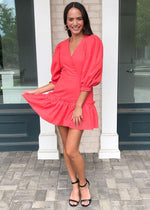 Karlie Ramie Faux Wrap Mini Dress-Red ***FINAL SALE***-Hand In Pocket