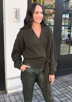 RD Style Brookhaven Wrap Cardigan-Olive-Hand In Pocket