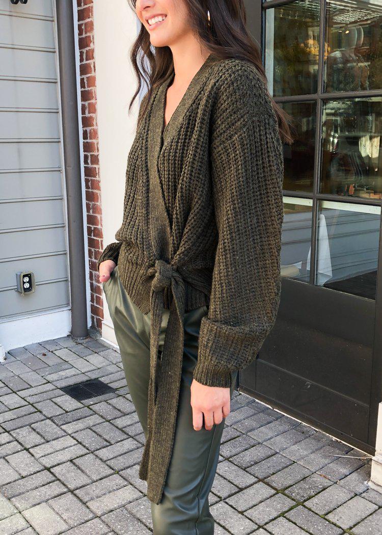 RD Style Brookhaven Wrap Cardigan-Olive-Hand In Pocket