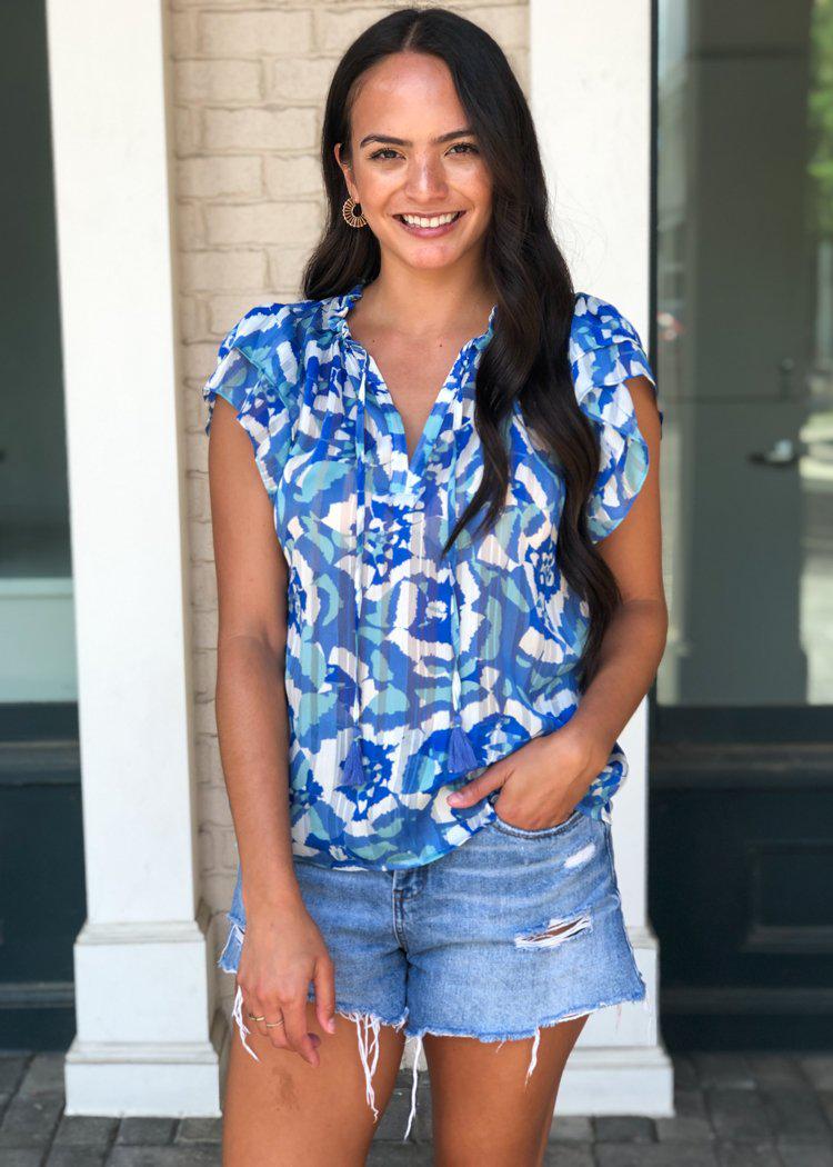 Rosario Floral Print Sheer Ruffle Sleeve Blouse - Blue-Hand In Pocket