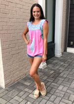 J. Marie Mandy Light Blue and Mint Embroidery Pink Top-***FINAL SALE***-Hand In Pocket