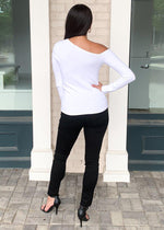 525 America Asymmetric Open Shoulder Knit Top-White-Hand In Pocket