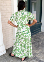 Palawan Tropical Print Button Front Collard Shirt Dress-Green-Hand In Pocket