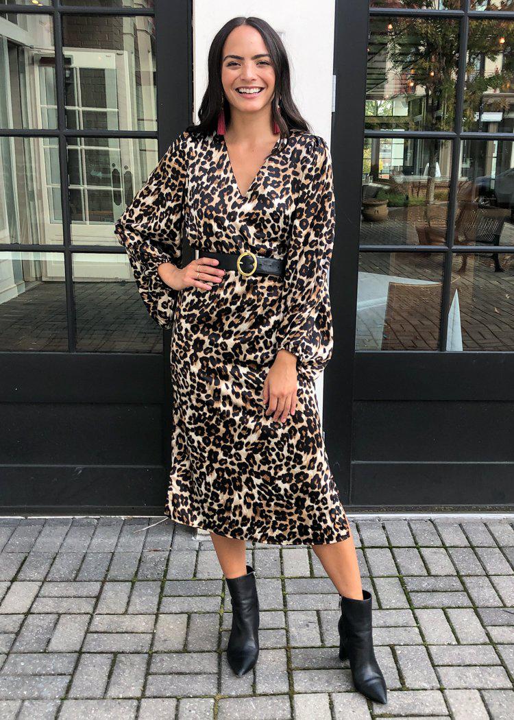 Karlie "Abella" Leopard Puff Sleeve V Neck Midi-***FINAL SALE***-Hand In Pocket