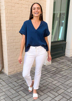 Karlie Staple V Neck Boxy Tee-Teal-Hand In Pocket