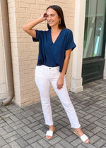 Karlie Staple V Neck Boxy Tee-Teal-Hand In Pocket