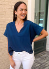 Karlie Staple V Neck Boxy Tee-Teal-Hand In Pocket