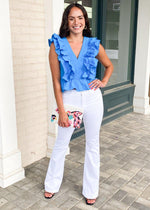 Janeiro Ruffled Double V Top- Maldive Blue-Hand In Pocket