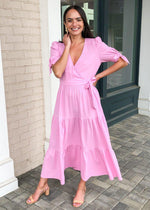 Frnch Arum Faux Wrap Short Sleeve Midi Dress - Rose-Hand In Pocket