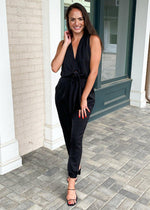 Cascades V Neck Tie Front Jumpsuit-Black-Hand In Pocket
