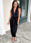 Cascades V Neck Tie Front Jumpsuit-Black-Hand In Pocket