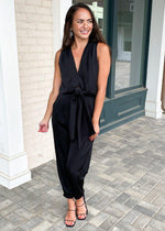 Cascades V Neck Tie Front Jumpsuit-Black-Hand In Pocket