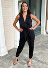 Cascades V Neck Tie Front Jumpsuit-Black-Hand In Pocket