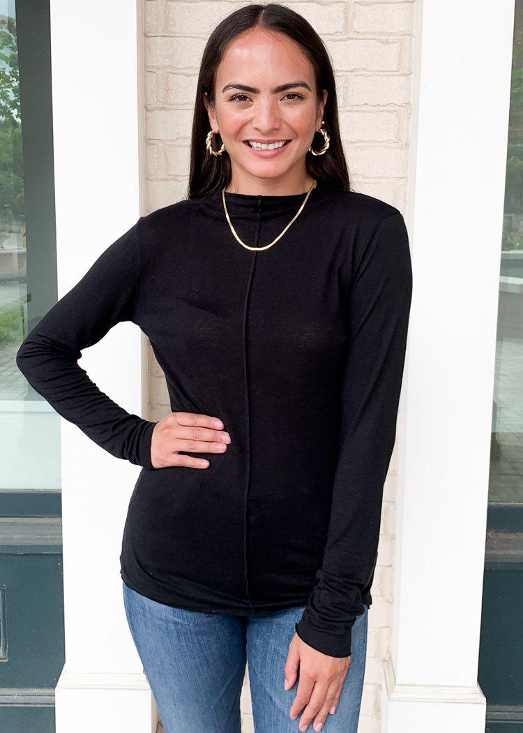 Bobi Essential Long Sleeve Mock Neck Top-Hand In Pocket
