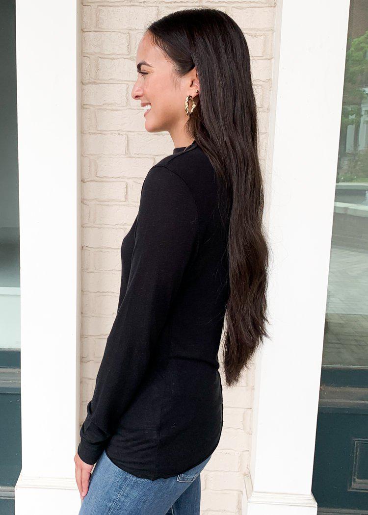 Bobi Essential Long Sleeve Mock Neck Top-Hand In Pocket