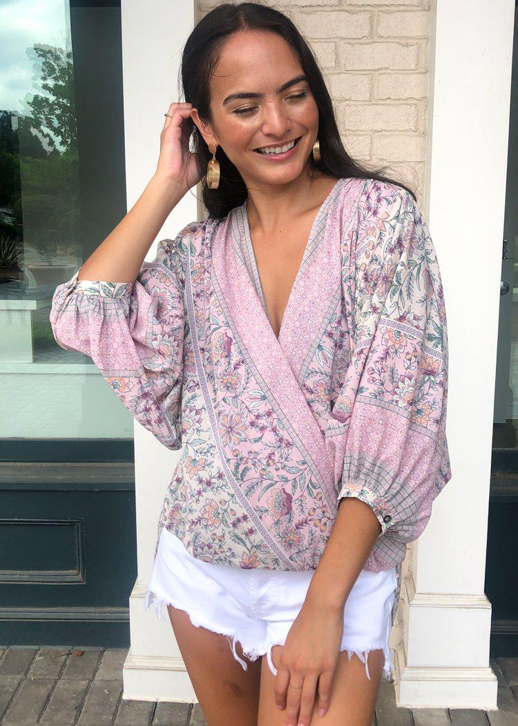 Laurel Canyon Faux Wrap Billow Sleeve Blouse - Lilac Floral-Hand In Pocket
