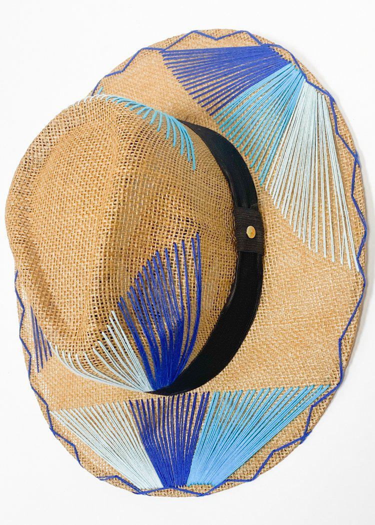 Palma Cuadri Maguey Ambianco Blue on Tan Hat-Hand In Pocket