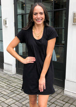 Bobi Scoop Neck Cotton Fitted T-Shirt Dress - Black-Hand In Pocket