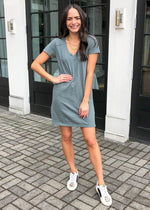 Bobi Short Sleeve V Neck T-shirt Dress-Dark Sage-Hand In Pocket