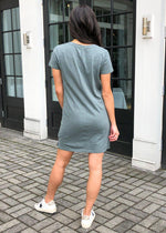 Bobi Short Sleeve V Neck T-shirt Dress-Dark Sage-Hand In Pocket